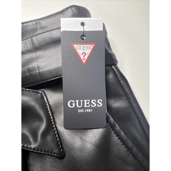GUESS Mariah PU Leather Shorts Jet Black High Waist Pleated Paper Bag Waist - Picture 2 of 6